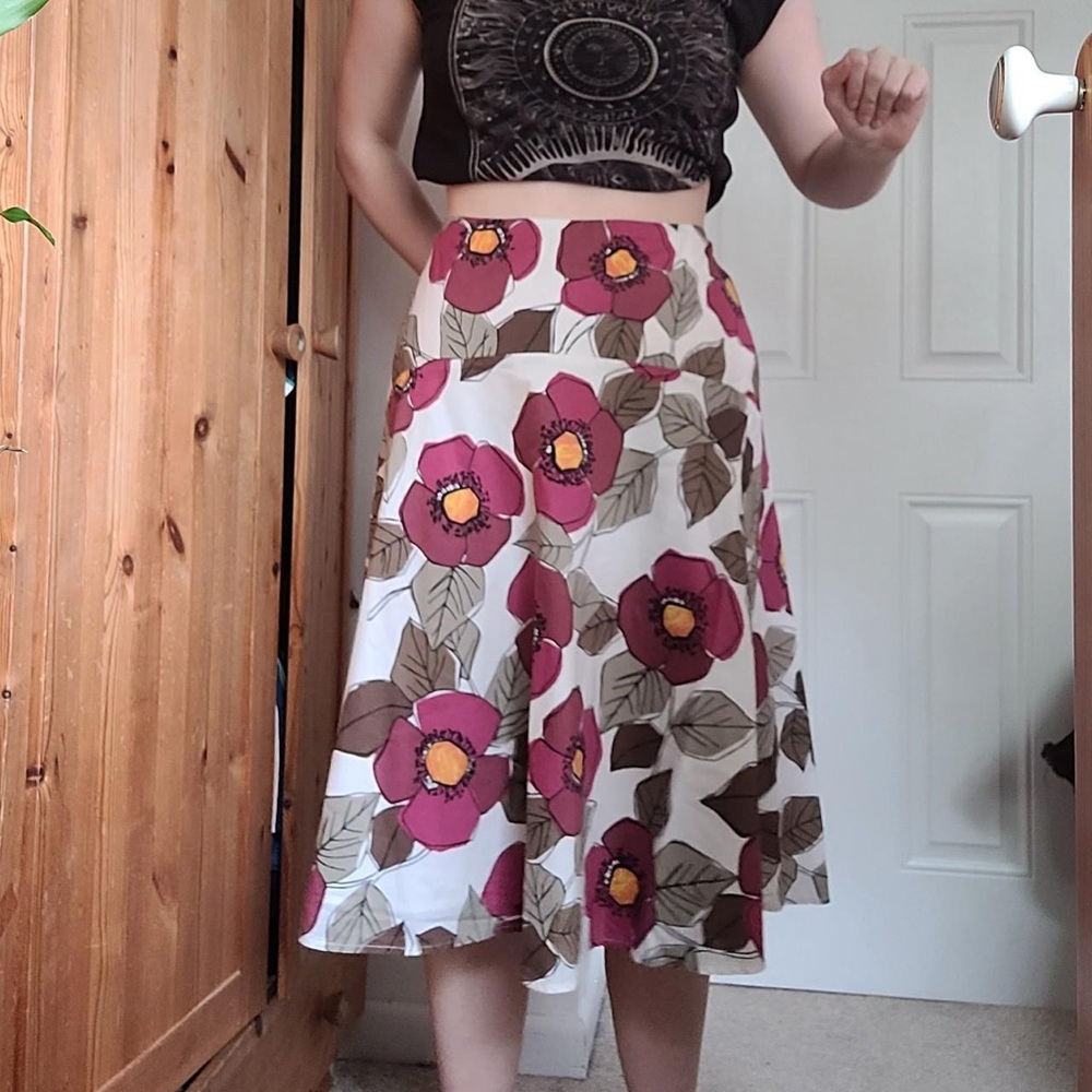 Boden Floral Skirt Bold Colorful Full 100% Cotton Cottagecore Magenta Taupe 12